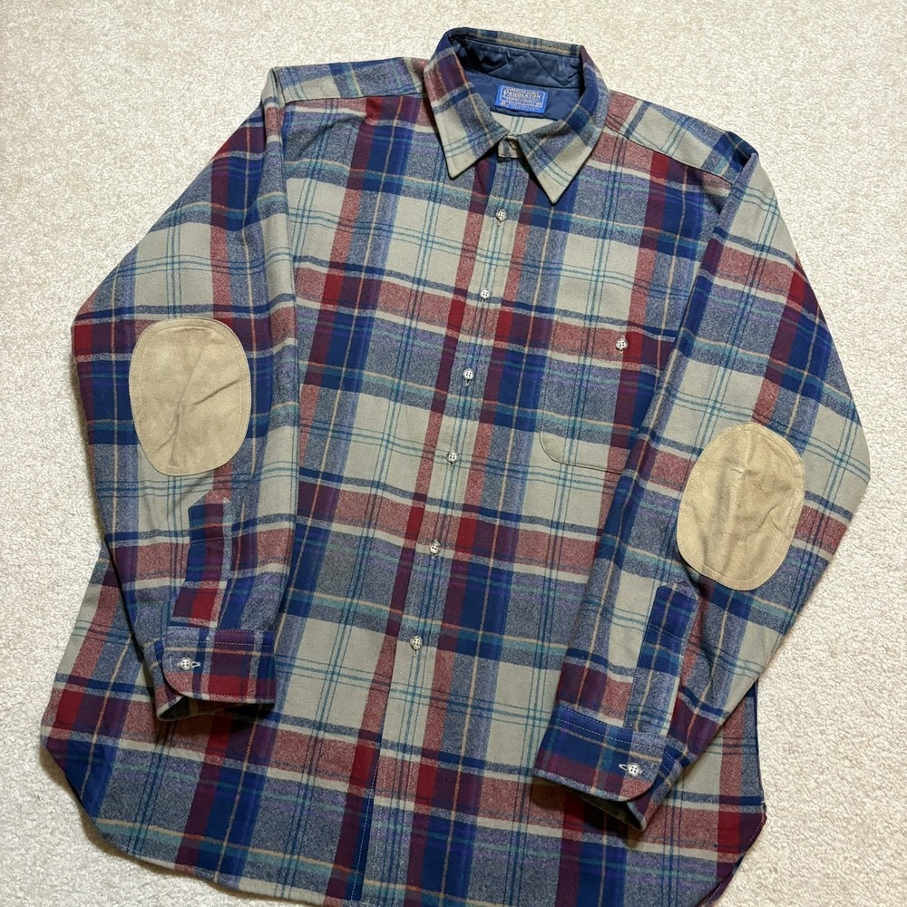 Vtg Pendleton Shirt Mens XL Multicolor Plaid Wool‎ Flannel Elbow Patch Lined USA